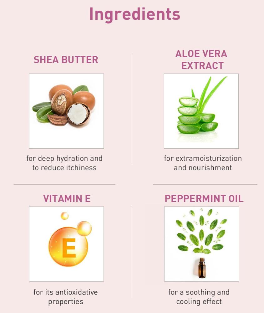 Key Ingredients: Shea Butter, Aloe Vera Extract, Vitamin E, Peppermint Oil