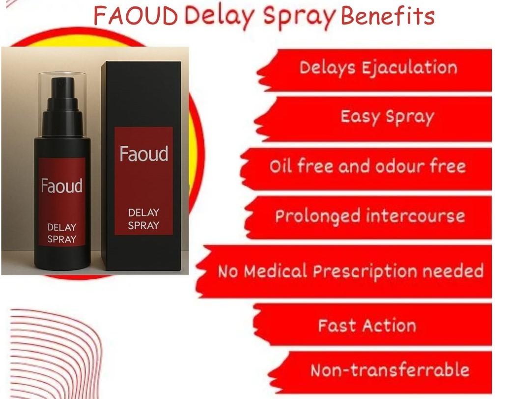 FAOUD Delay Spray Benefits: Delays Ejaculation, Easy Spray, Oil Free, Prolonged Intercourse, No Medical Prescription, Fast Action, Non-transferrable